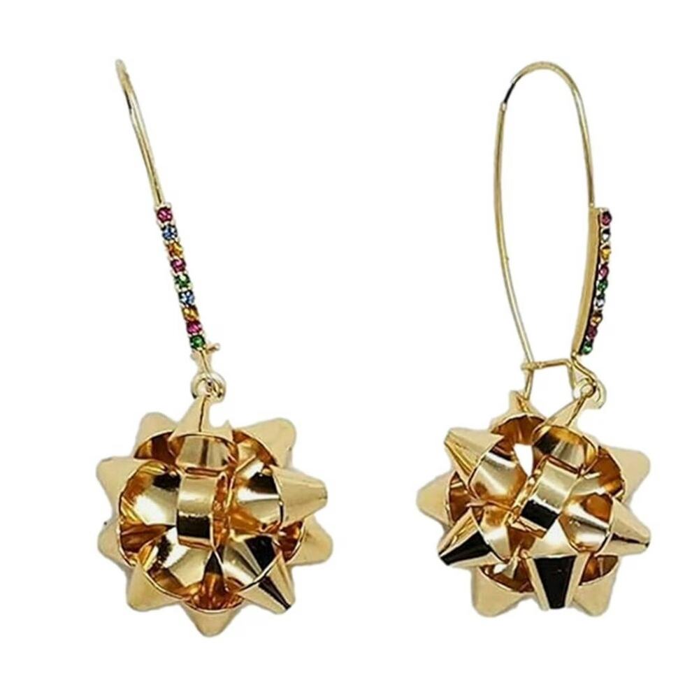 Betsey Johnson Earrings Gold Tone Bow Dangle Womens Christmas Jewelry NWT